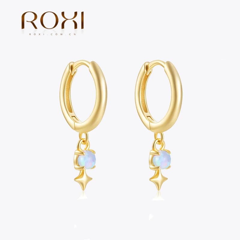 ROXI White Opal Drop Hoop Earrings For Women 925 Sterling Silver Star Charms 18K Gold Plata Piercing Zircon Drop Jewelry Gifts