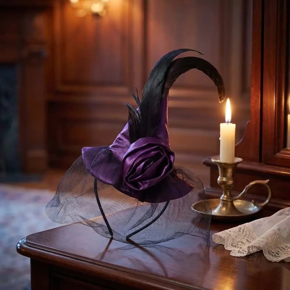 Portable Folds Halloween Witch Hat Satins Cosplay Photo Props Retro Veil Witch Hat Black Feather Design Wizard Cap Party