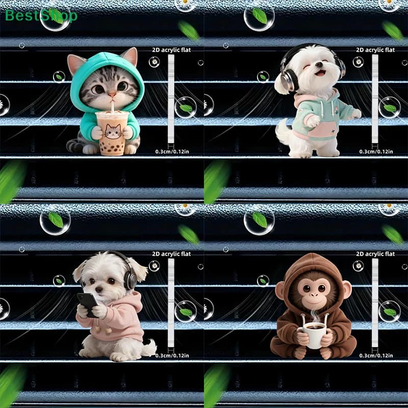 ❄ Clip per Bocchette dell'Aria Auto a Forma di Animali Cartoni Animati, Deodorante per Auto 2D in Acrilico, Accessori Interni Auto Kawaii Gatto/Cane/Scimmia