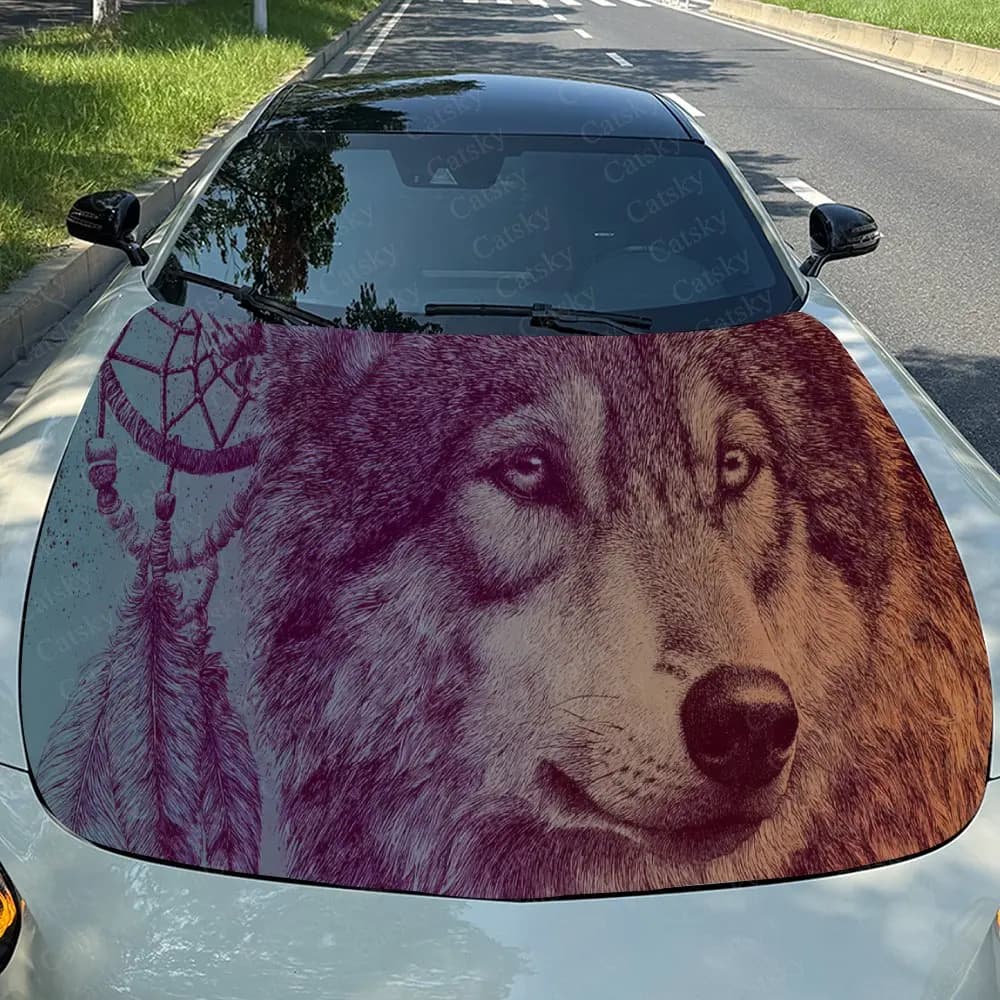 Car Decal Brown-Toned Wolf with Artistic Dreamcatcher-Infused Design Car Hood Sticker, Waterproof Self - Adhesive PVC Graphics D