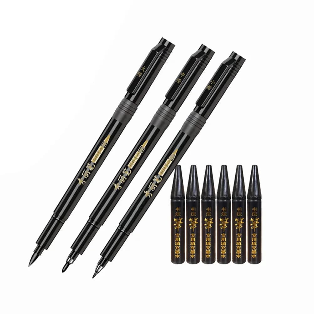 4Pcs Calligraphy Brush Pens Set Different Sizes Nylon Tips Wood Handle Refillable Ink Chinese Japanese Writing
