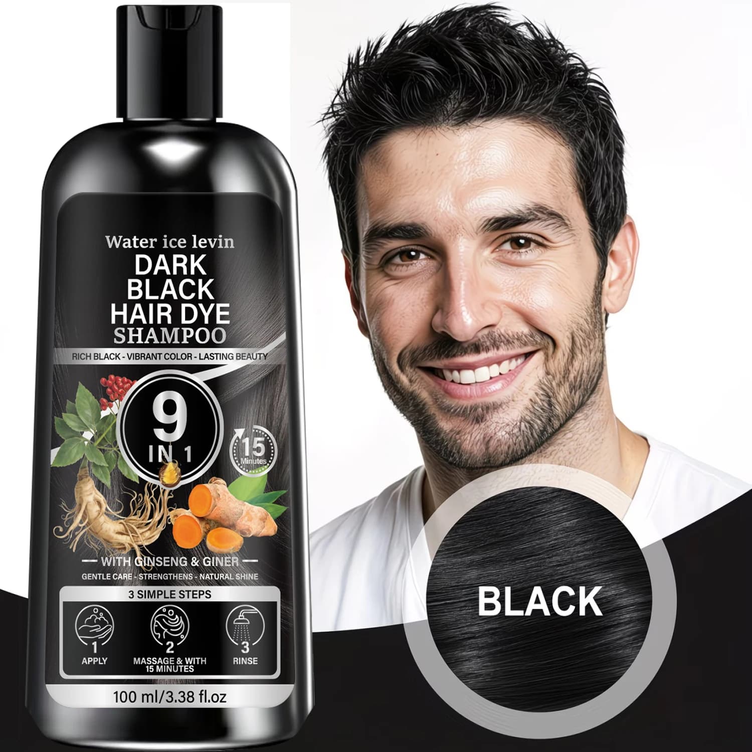 Dark Black Color Enhancing Shampoo with Keratin & Biotin – Gentle Strengthening Hair Care with Ginseng & Ginger, Natural Shade –
