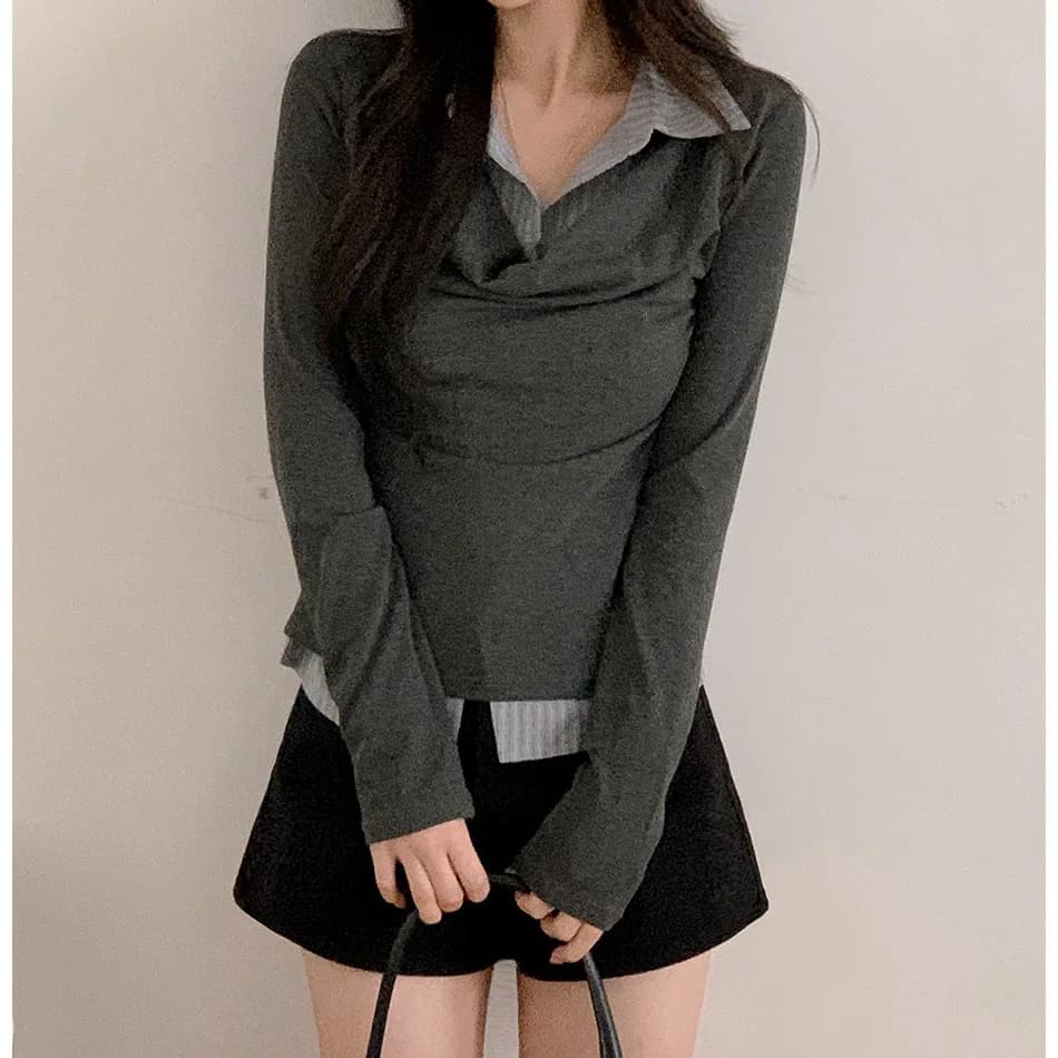 Camicia a maniche lunghe a righe slim fit da donna, camicetta chic versatile con colletto, design a patchwork, stile casual, t-shirt alla moda