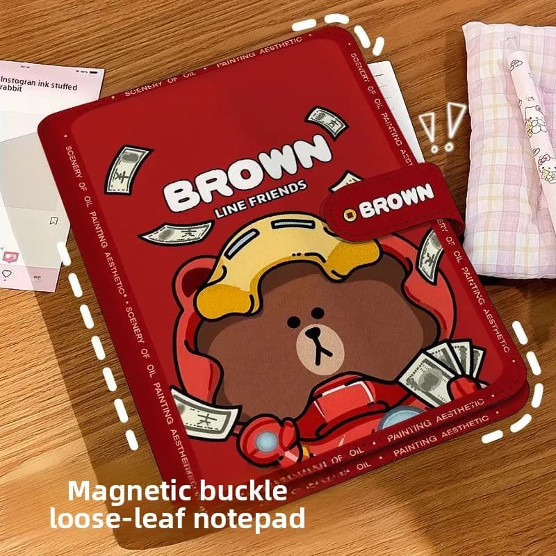LINE FRIENDS Brown Anime Cartoon Cute Loose-Leaf Leather Notebook Kawaii Stationery Lined Magnetic Closure Journal Gift