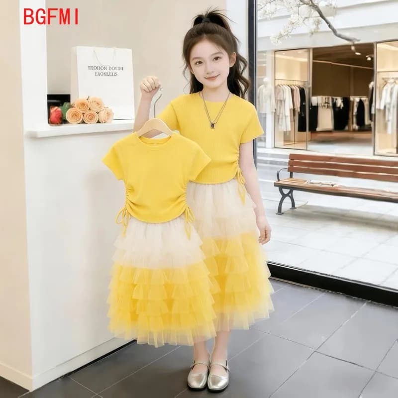 Big Girls Yellow Summer Outfit 2026 Set Summer New Children's Korean Sweet Short Sleeved T-shirt+ Cake Gauze Skirt Two-piece Set