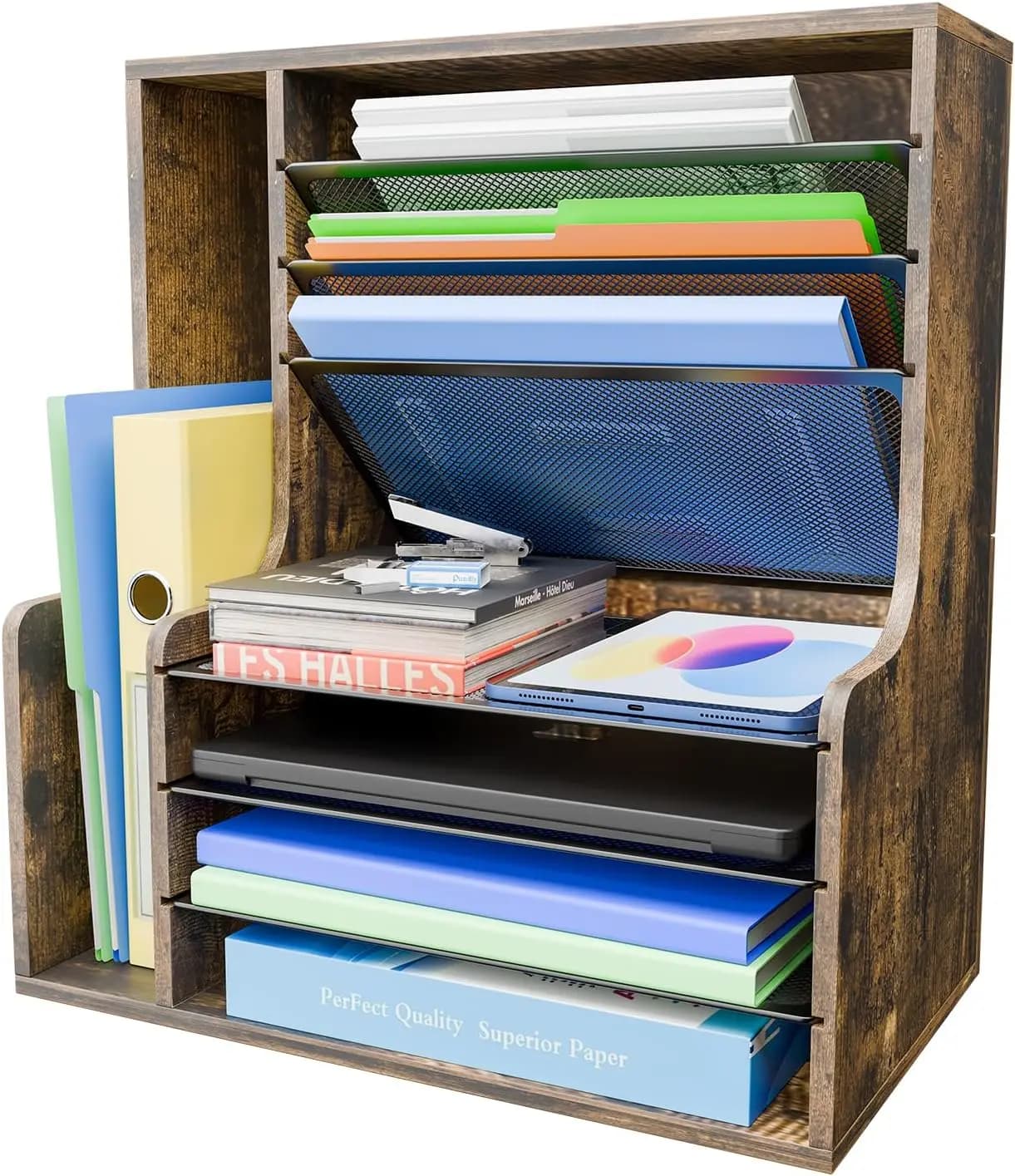 Organizzatore da scrivania a 7 livelli di tendenza, portadocumenti in legno con vassoio per lettere e portaoggetti regolabile, organizer da scrivania in rete