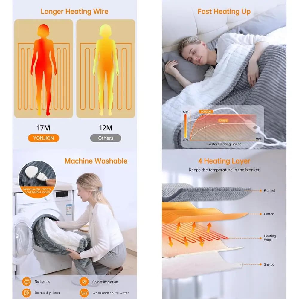 Coperta elettrica grigia con 4 timer e 6 livelli di calore: regalo invernale ideale per adulti (90x100 pollici)