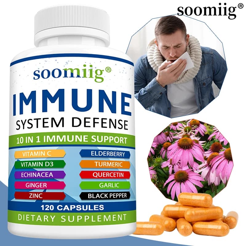 Immune system defense supplement 10 in 1 - with vitamins, elder, helps balance of immune system health - vegetarian capsules