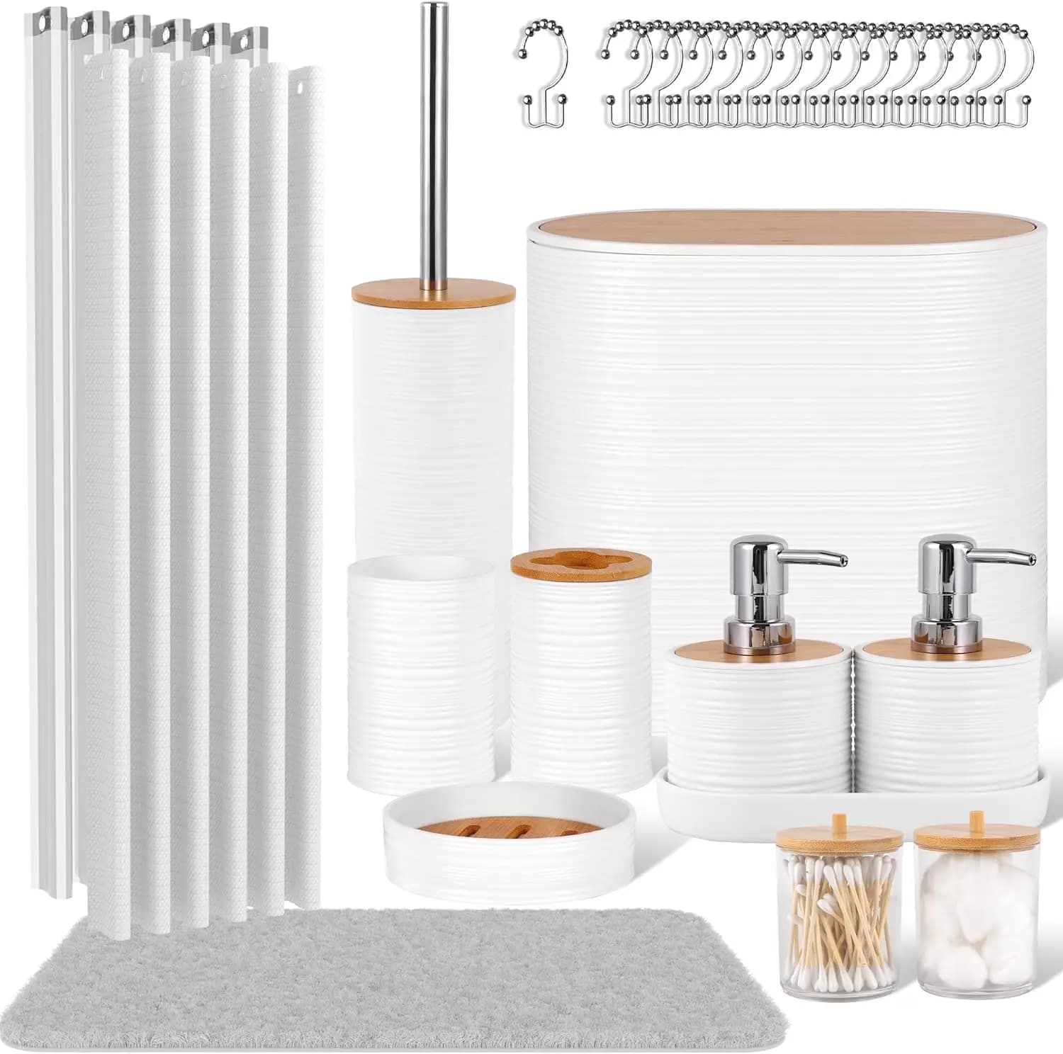 Set da Bagno Bianco, 25 Accessori con Tende Doccia, Tappeti, Cestino, Dispenser Sapone