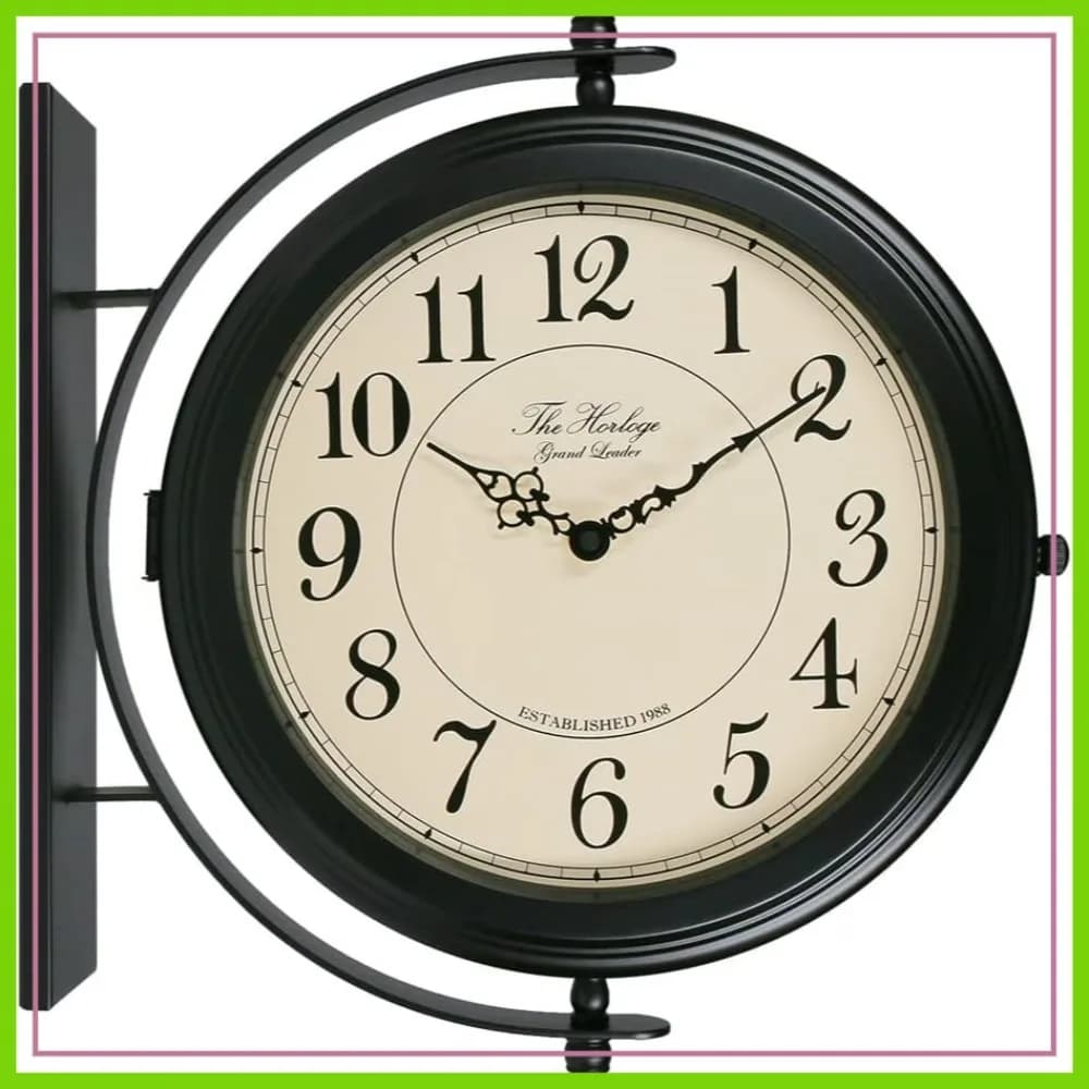 Orologio da Parete in Metallo a Doppia Faccia da 16 Pollici con Cornice Nera - Facile da Leggere, per Interni/Esterni, Stile Rustico, Giardino, Cortile, Ufficio