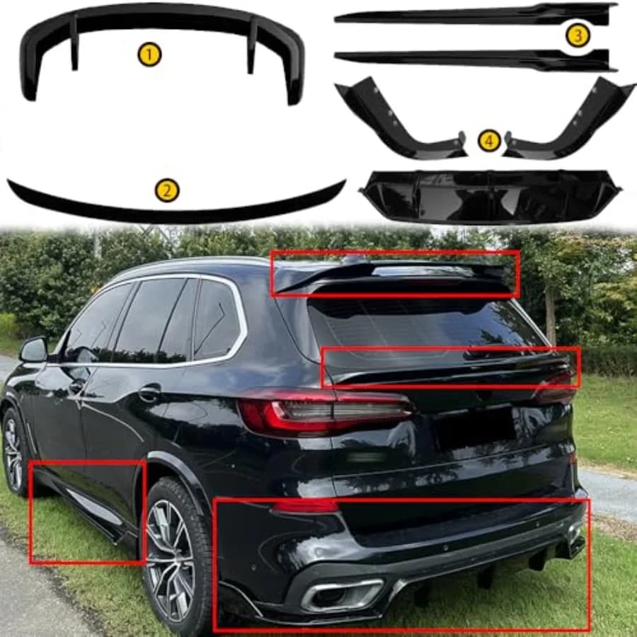 Spoiler per lunotto posteriore + Minigonne laterali + Diffusore paraurti posteriore + Spoiler posteriore centrale per bagagliaio compatibile