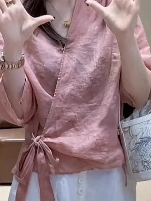 Retro Artistic Casual Color National Style V-neck Belted Shirt National Style Embroidery Slimming Seven-quarter Sleeve ...
