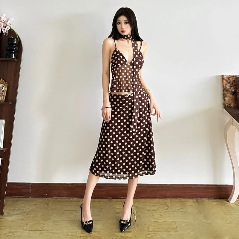Nuovo Set Estivo da Donna 2026: Top Senza Maniche a Pois Stile Americano Sexy e Gonna a Vita Alta Modellante
