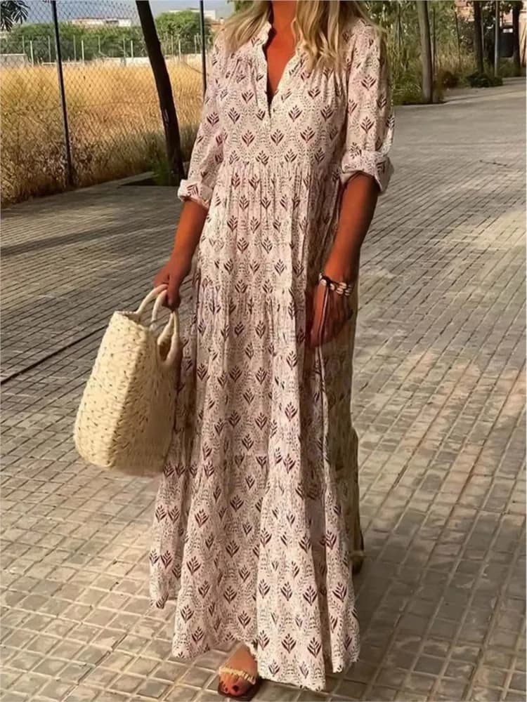 Long bohemian dress for women 2025 Spring Casual Lace-up with V-neck Floral Large Dress Women's Long Holiday Dress Robe Femme