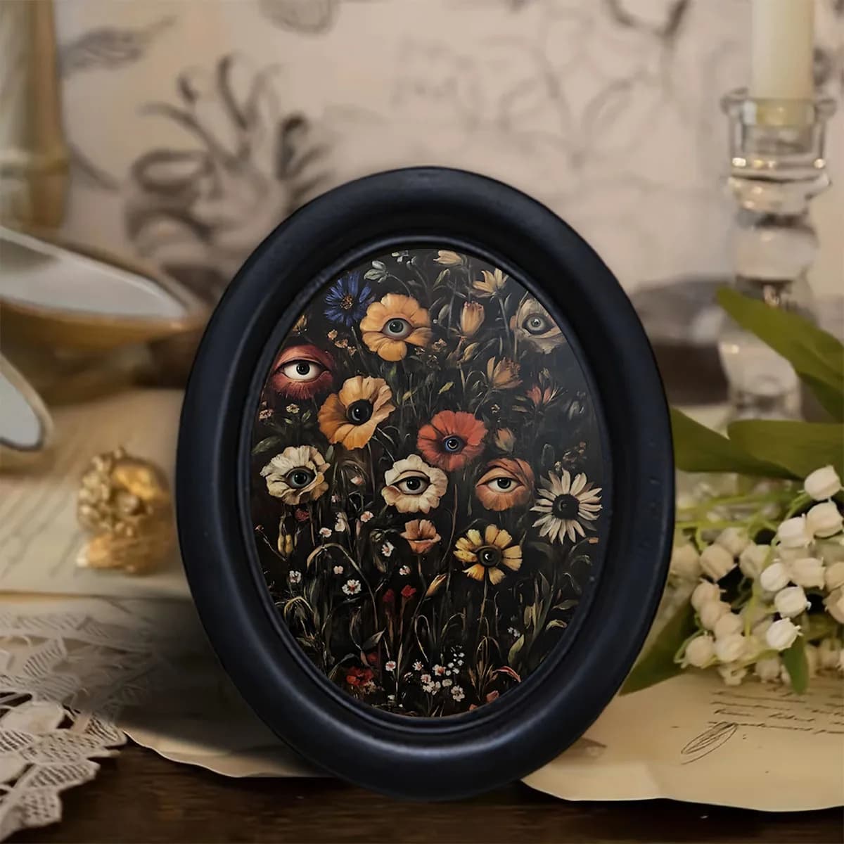 1 Piece of Dark Academia Style Floral Eye Wall Decoration, Black Oval Frame Print, Gothic Surreal Eyeball Floral Oil Painting, Atmospheric Witchy Decor, Gift for Occult Enthusiasts