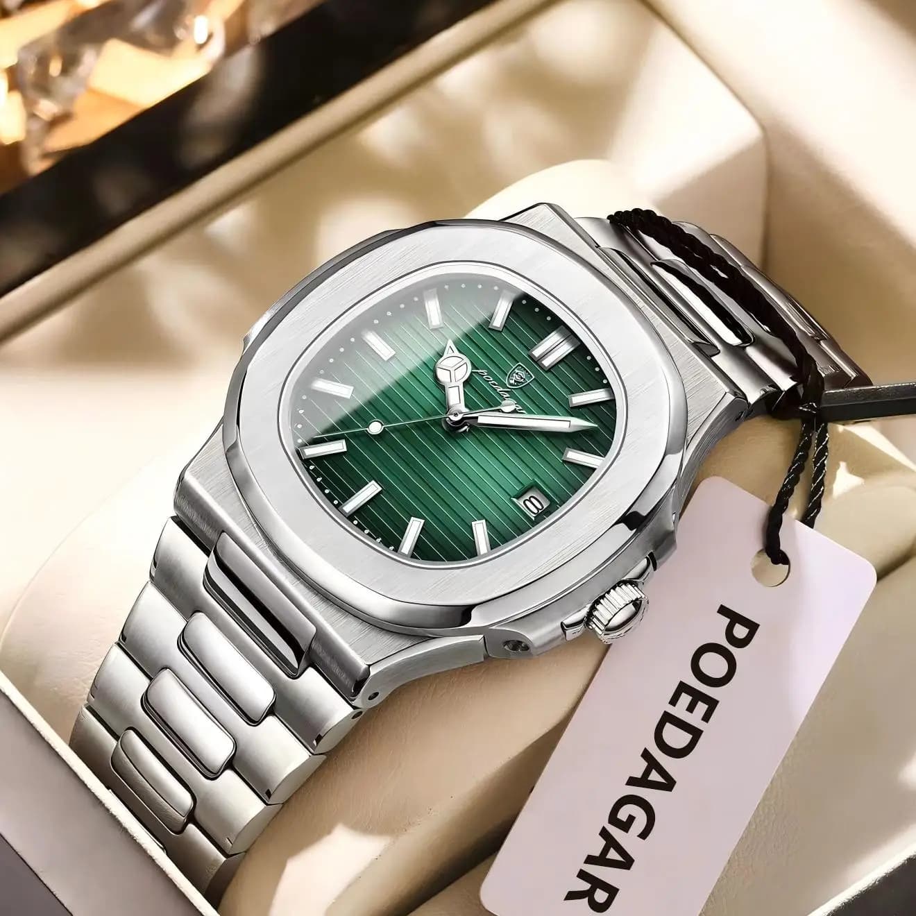 POEDAGAR Square Business Men's Watch Luxury Sports Men's Wrist Watch with Waterproof Stainless Steel Light Date