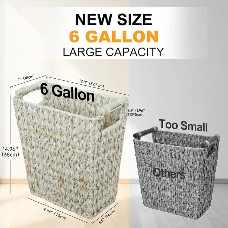 Wicker Trash Can, 6 Gallon Waterproof Bathroom Garbage Can Handle, Boho Decorative Cream White Waste Basket for Bedroom Retail