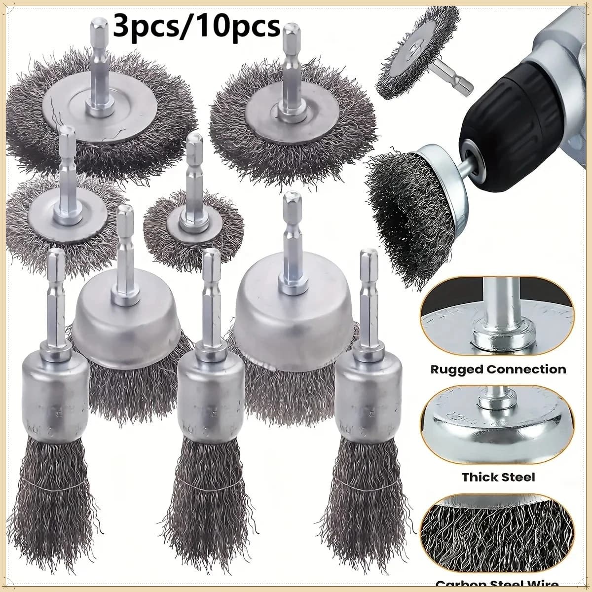 Set di Spazzole Metalliche a Tazza con Gambo Esagonale da 1/4 di Pollice in Acciaio al Carbonio Ondulato per Pulizia e Lucidatura con Trapano