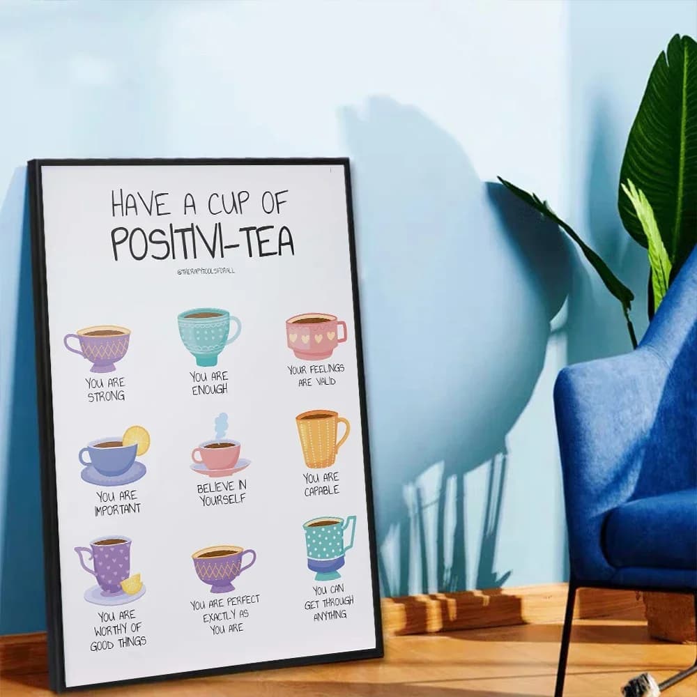 Have A Cup Of Positivi Tea Quotes Art Painting Poster Canvas Painting Positivity Self Affirmation For Office Living Room Wall De