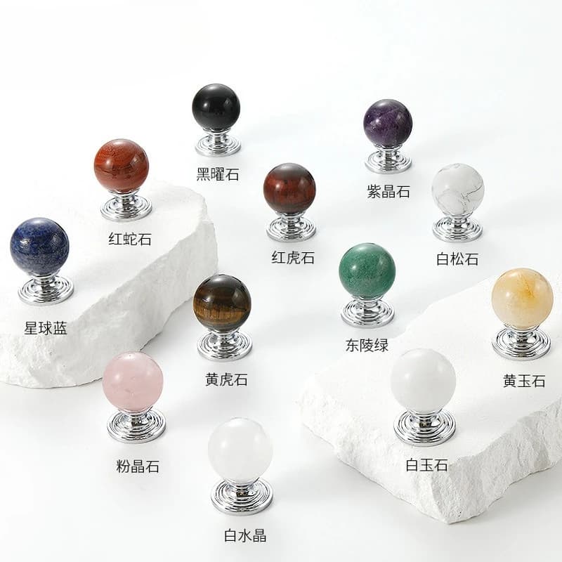 French Chic Brass & Marble Cabinet Handles - Round Crystal Door & Wardrobe Pulls, Natural Stone Drawer Knobs for Furniture