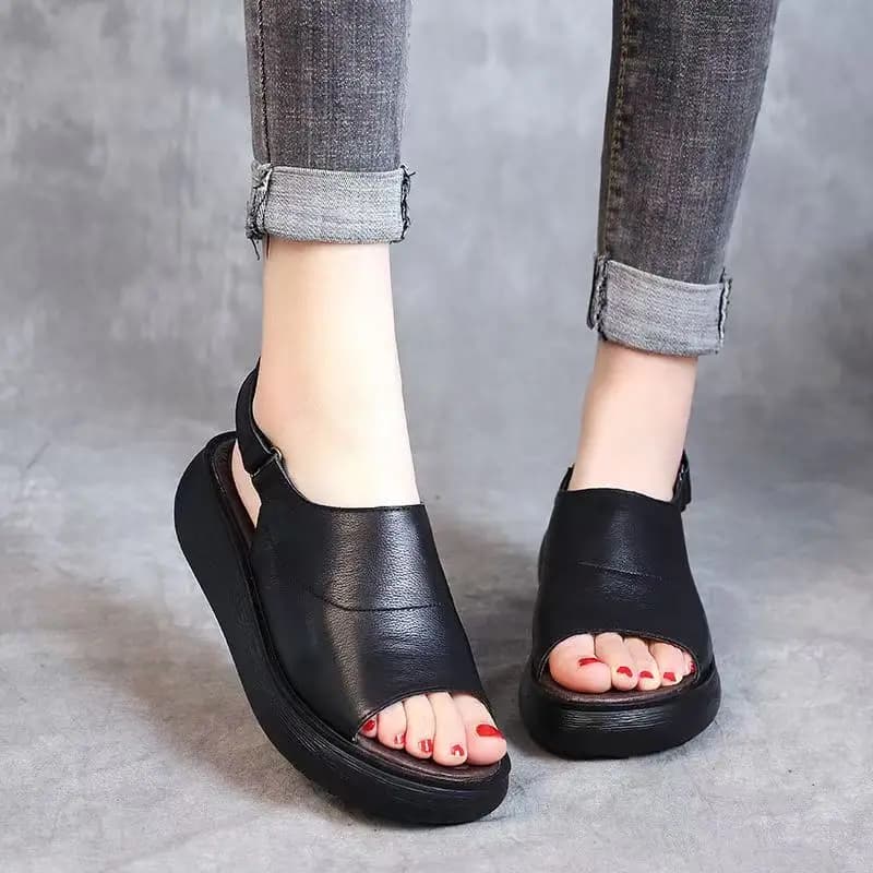 Women Summer New Genuine Leather Wedges Peep Toe Sandals Thick sole Non Slip High Quality Velcro Outdoor Beach Sandals
