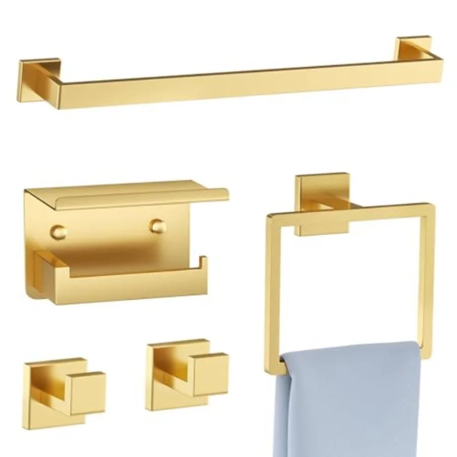 Set di 5 Accessori per Bagno in Acciaio Inox Spazzolato Oro, Portasciugamani da Parete, Set Porta Asciugamani S