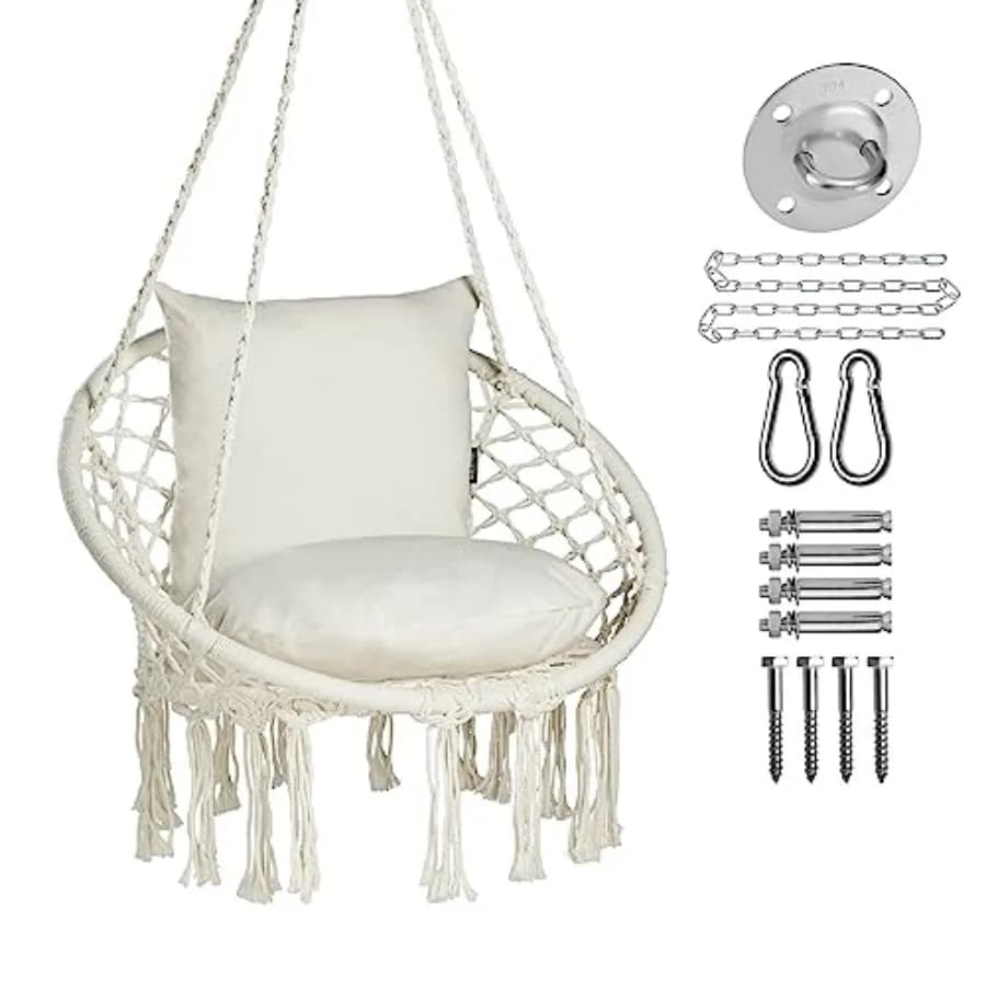 Macrame Hammock Chair Hanging Swing Chair Max 330 Lbs with 2 Cushions and Hardware Kits for Indoor Outdoor Bedroom Patio Garden