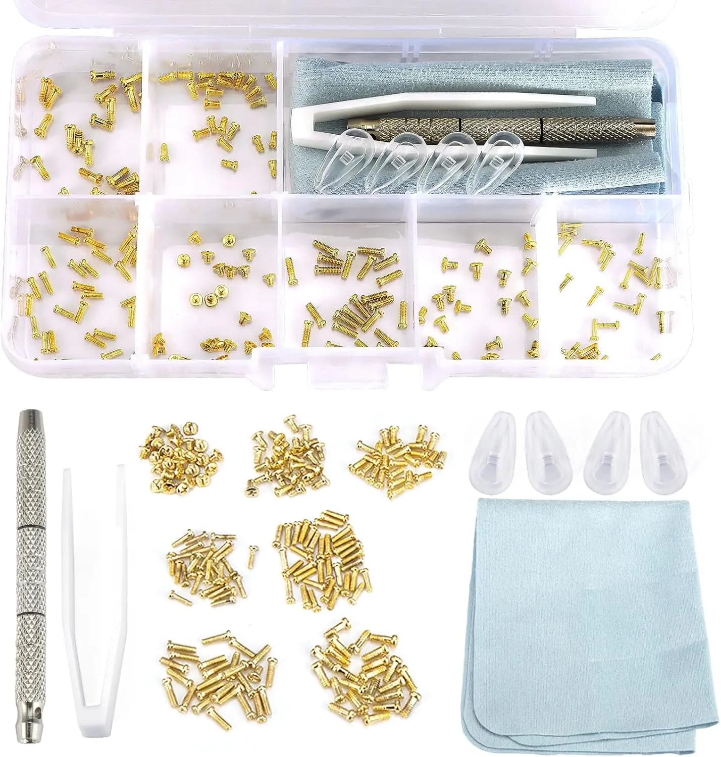 Kit di Riparazione Occhiali con 140 Viti Dorate, Cuscinetti Nasali, Set Cacciaviti per Occhiali da Vista, da Sole e Orologi