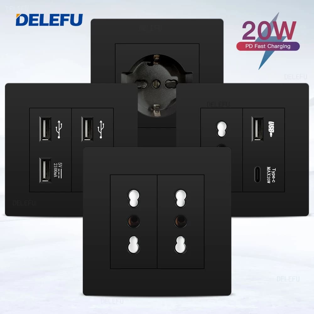 DELEFU86 PC Pannello ignifugo nero Presa a muro standard Italia Presa USB tipo C Presa tedesca italiana Presa UE