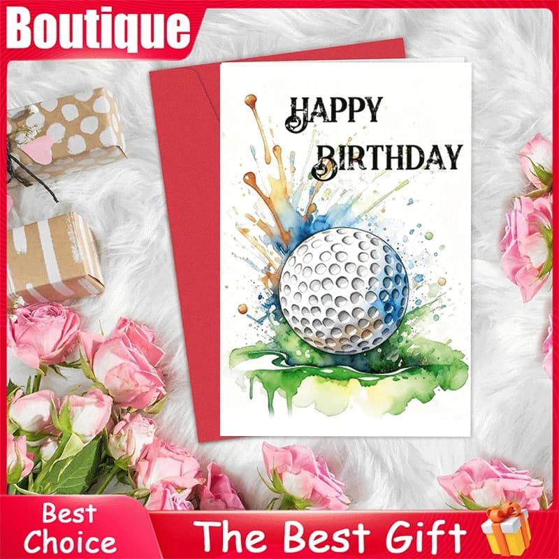 Biglietto d'auguri di buon compleanno a tema golf, biglietto di compleanno con pallina da golf in acquerello per gli amanti del golf, regalo di compleanno per gli appassionati di golf
