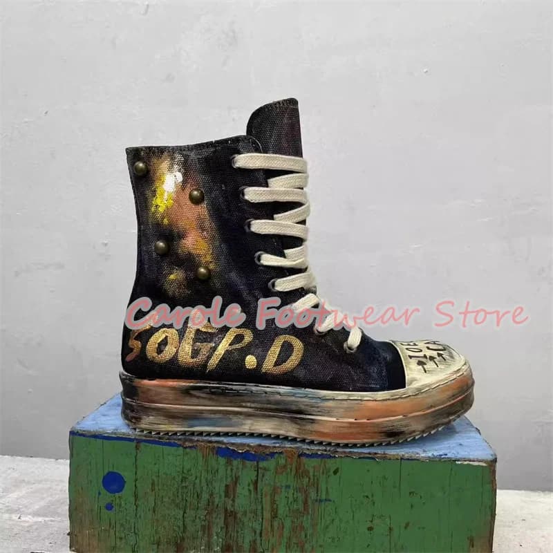 Retro Handdrawn Graffiti Prints Rivet High Top Male Boots Mixed Color Chunky Bottom Lace-Up Canvas Shoes Men's Leisure Shoes