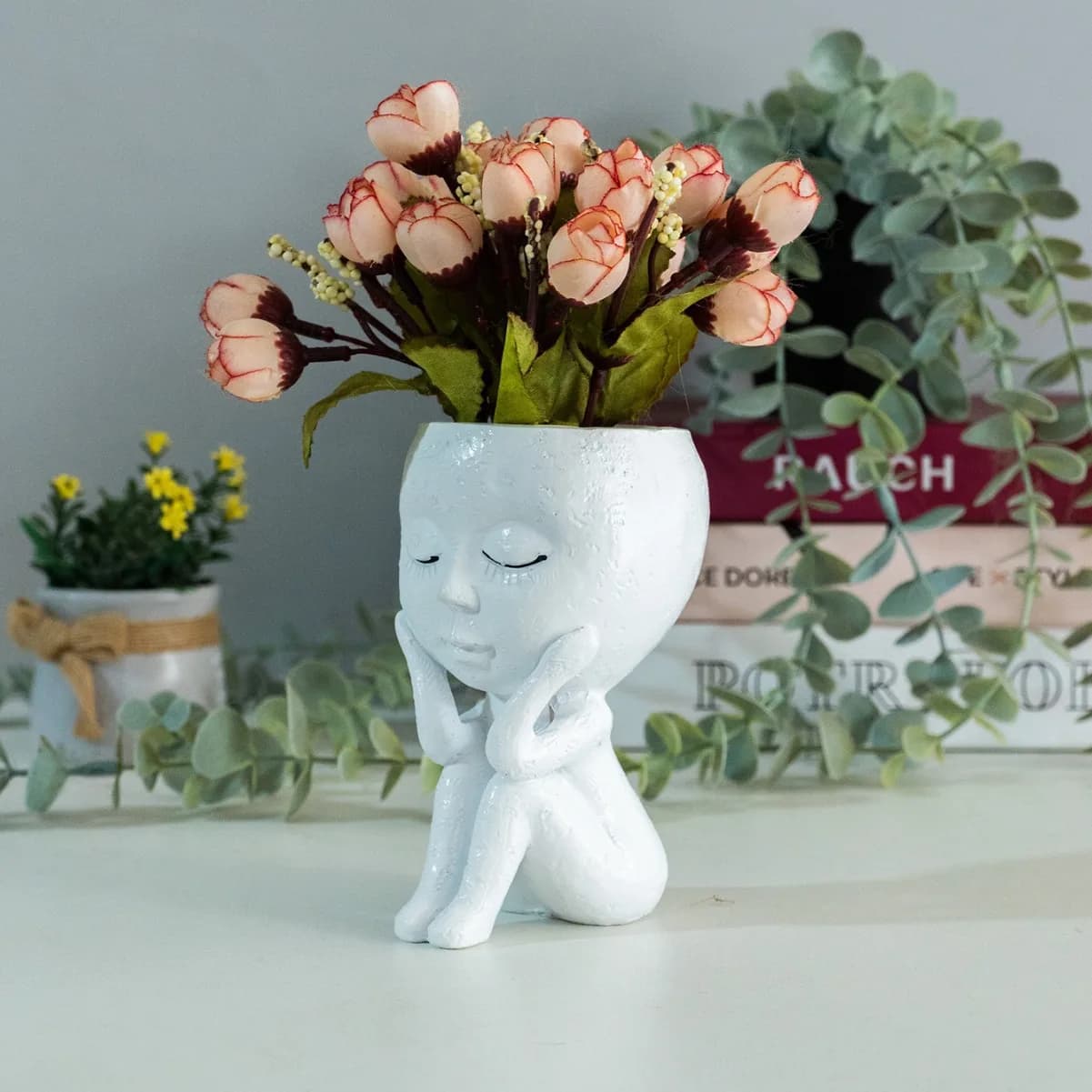 Vaso per Piante a Forma di Volto Umano, Graziosa Figurina in Resina con Occhi Chiusi, Vaso per Piante Succulente, Decorazione per Casa e Ufficio, Regalo