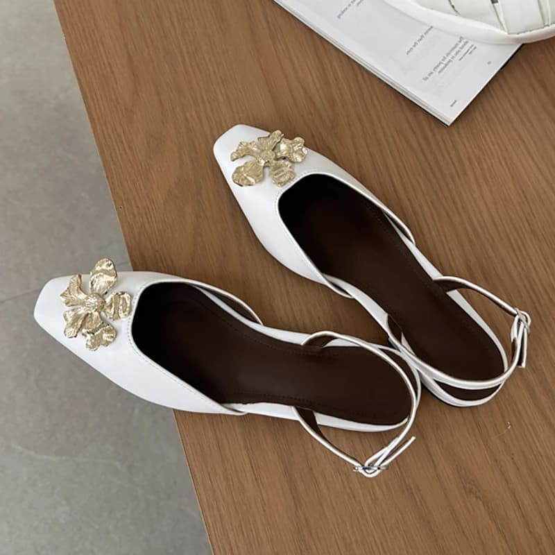 Aneikeh Elegant Women's Shoes with Golden Flower Buckle, Square Low Heels, Slingback Sandals for Party and Hinges