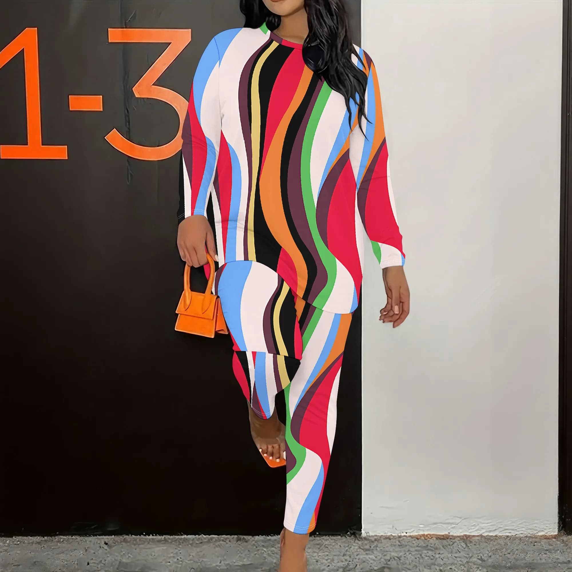 Women's Long Sleeved Two-Piece Set, Fashionable Striped Printed Retro Style Two-Piece Set.