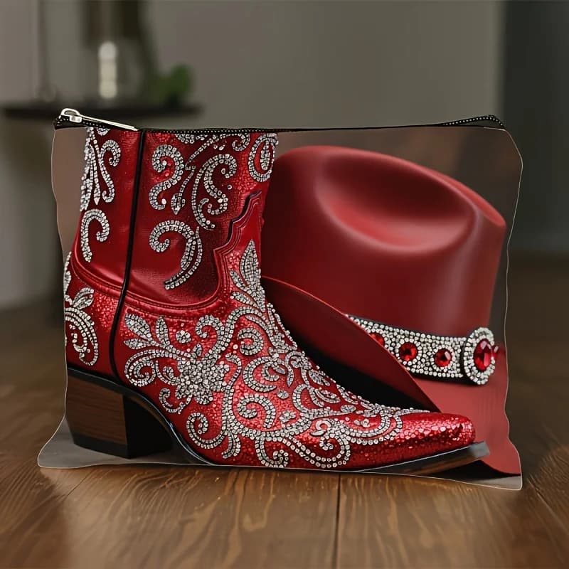 1Pcs red boot printing cosmetic bag, toilet bag, storage bag, travel bag, western style pattern, women's fashion portable storage bag, multi-functional and large capacity, special for cosmetic storage