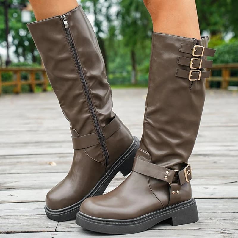 Retro Brown Western Cowboy Boots for Women 2025 Autumn Winter PU Leather Knee High Botas Mujer Zip Buckle Platform Knight Boots