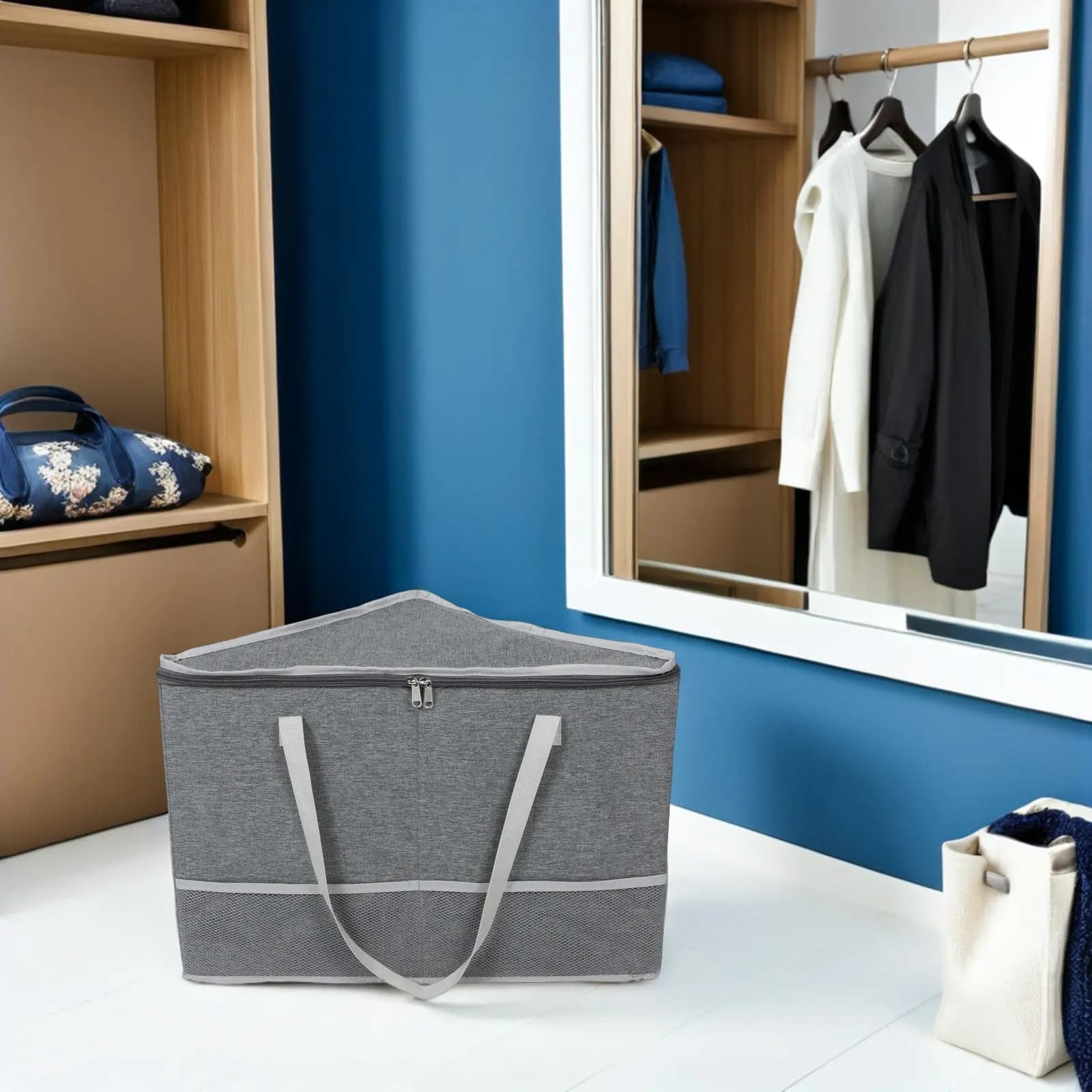 Hanger Storage Box with Lid Rigid Triangle Basket Built-in Support for Clothes Hangers Closet Organizer Laundry Room Space