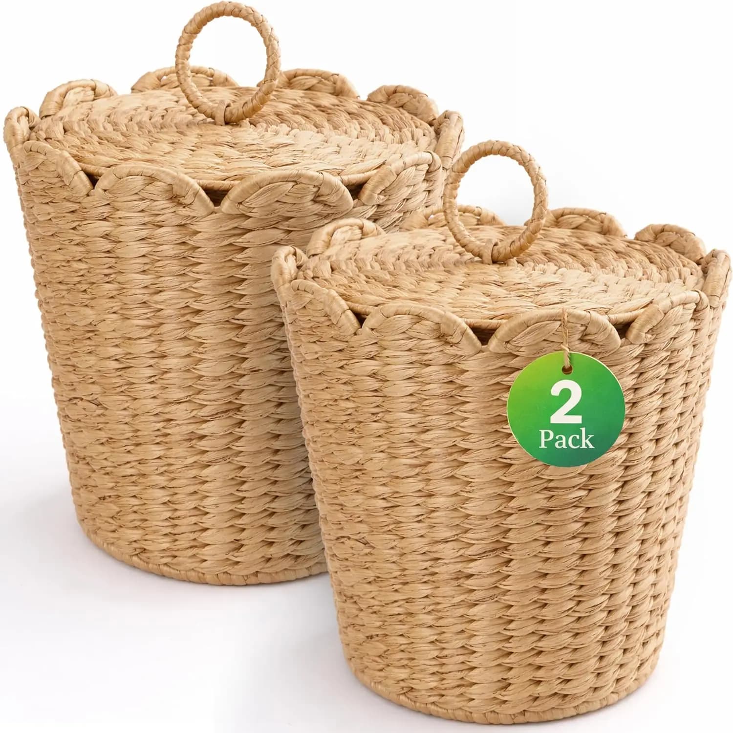 Set di 2 Cestini per Rifiuti in Vimini da 3,7 Galloni con Coperchio, Intrecciati a Mano in Giacinto d'Acqua, Cestino per Bagno Stile Boho, Colore Marrone Chiaro