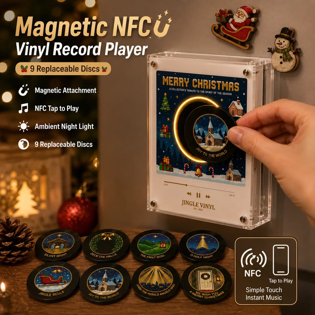 Fridge Magnet NFC Vinyl Record Music Player with 9 Replaceable Discs & LED Night Light Touch Play Music Album Fridge Ornament