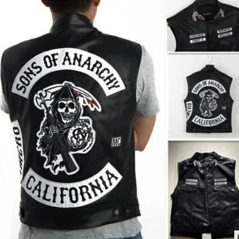 ABC123Leather Men Motorcycle Cosplay Costume Sleeveless Jacket Sons An Embroidery Rock Punk PU Vest V Neckb;6'j,k.9;a