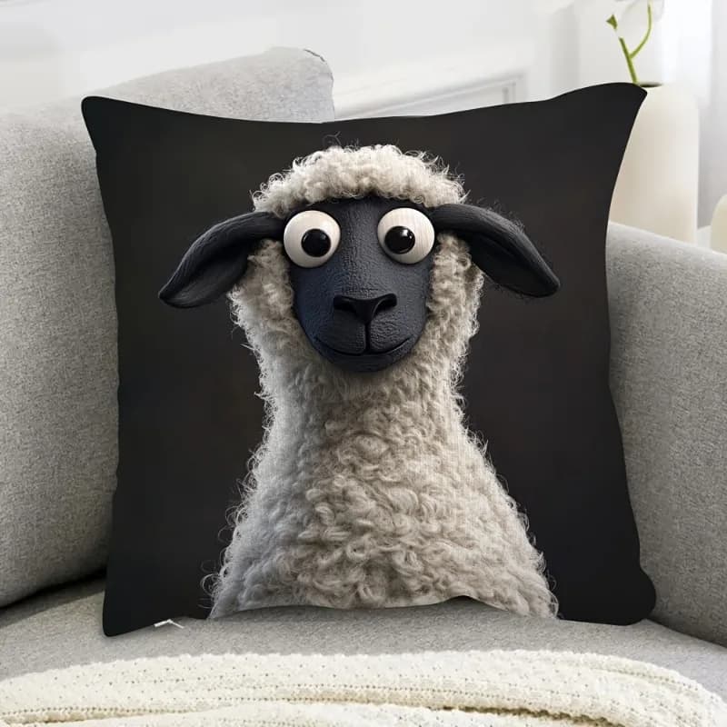 Fodera per cuscino con simpatico disegno di pecora a cartone animato, fodera per cuscino con design animale peloso in bianco e nero per soggiorno, camera da letto, decorazioni per la casa, regalo