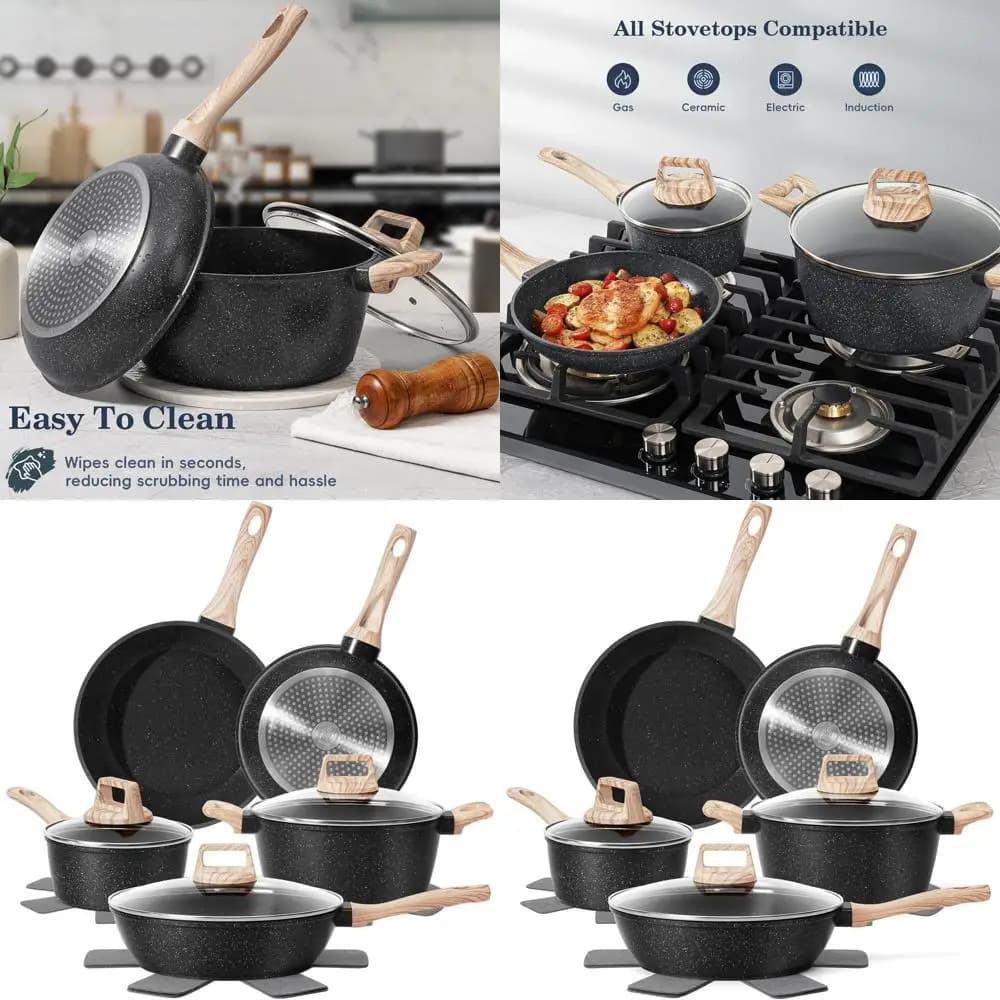 Set of 12 Pieces Anti-Flats, in Black Granite Compatible with Induction, Non-Toxic Kitchen Tools with Plates and Subplates
