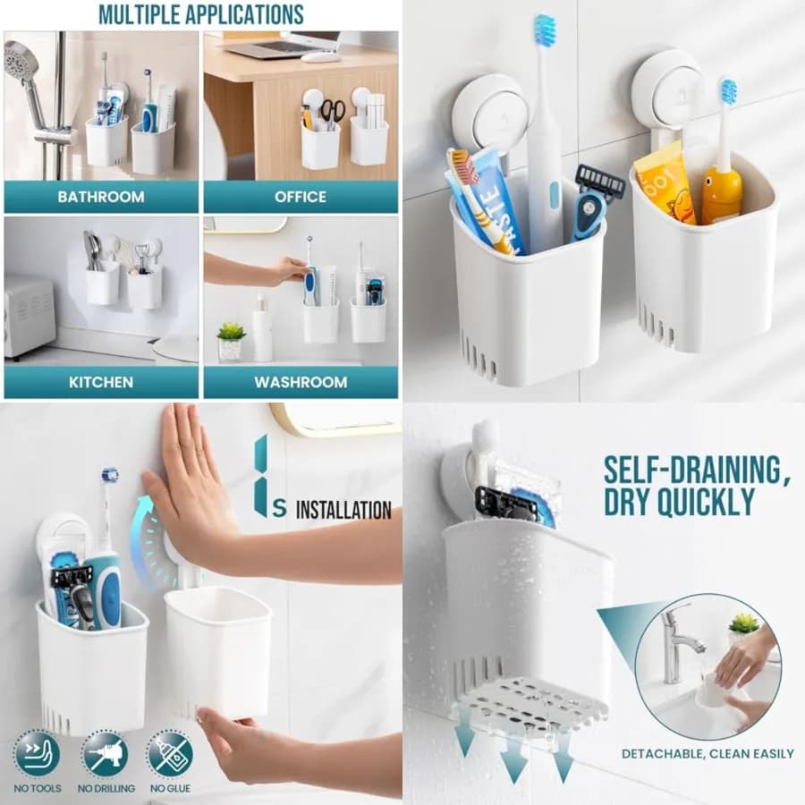 Supporto per spazzolino a ventosa (confezione da 2), supporto da parete per spazzolino da bagno, potente ventosa per dentifricio e spazzolino, porta rasoi da doccia auto-drenante, porta utensili da cucina