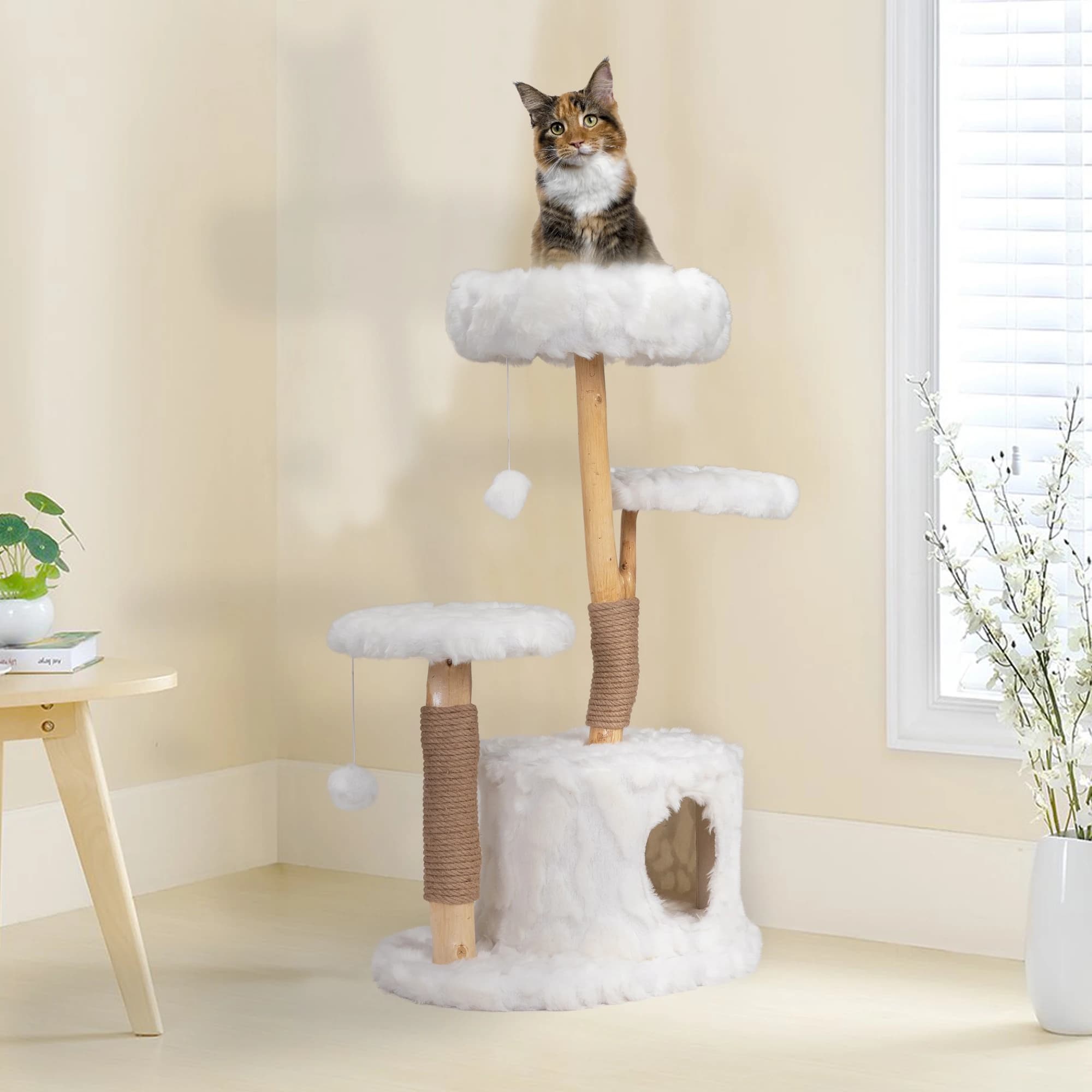 Albero per gatti moderno, torre per gatti con ramo naturale, condominio per gatti di lusso, mobili per gatti da interno, regalo per gatti gattino, bianco