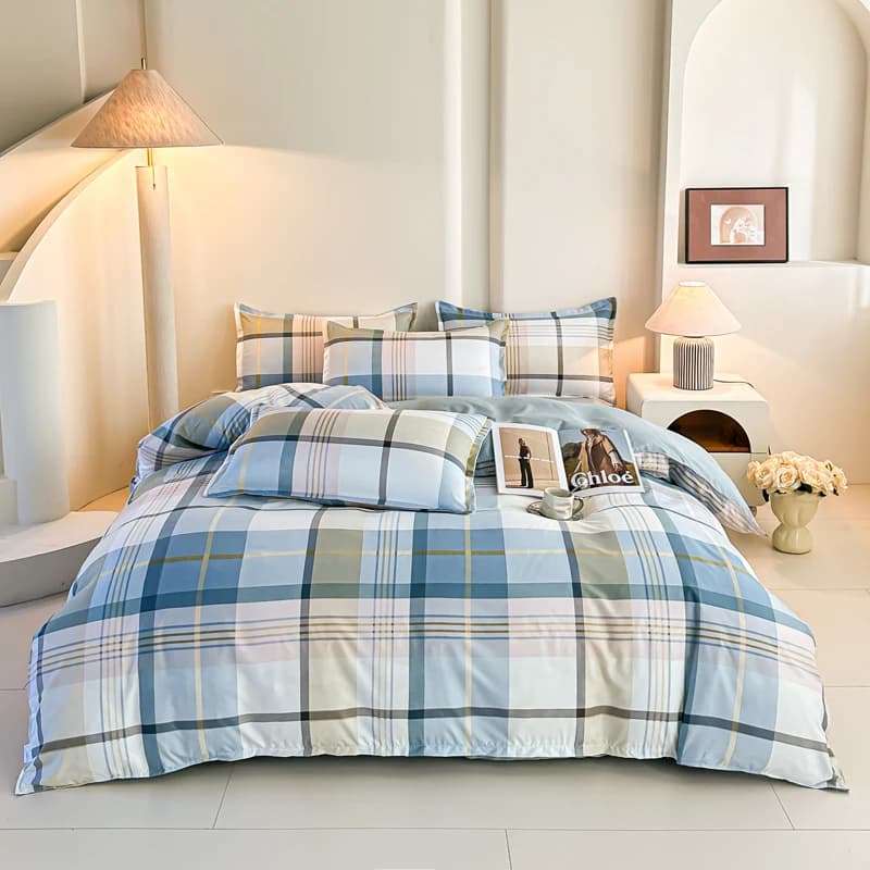 Blue Square Bed Linen Set 4 Pieces, Modern Cover with Geometric Pattern Grid and Faithful, Soft and Breathable for All Seasons