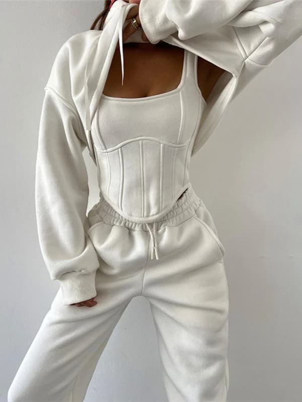 Yaminiya Y2K Abbigliamento sportivo sexy da donna Set da 3 pezzi Cardigan con cappuccio a maniche lunghe + gilet senza spalline slim fit + pantaloni larghi a gamba dritta