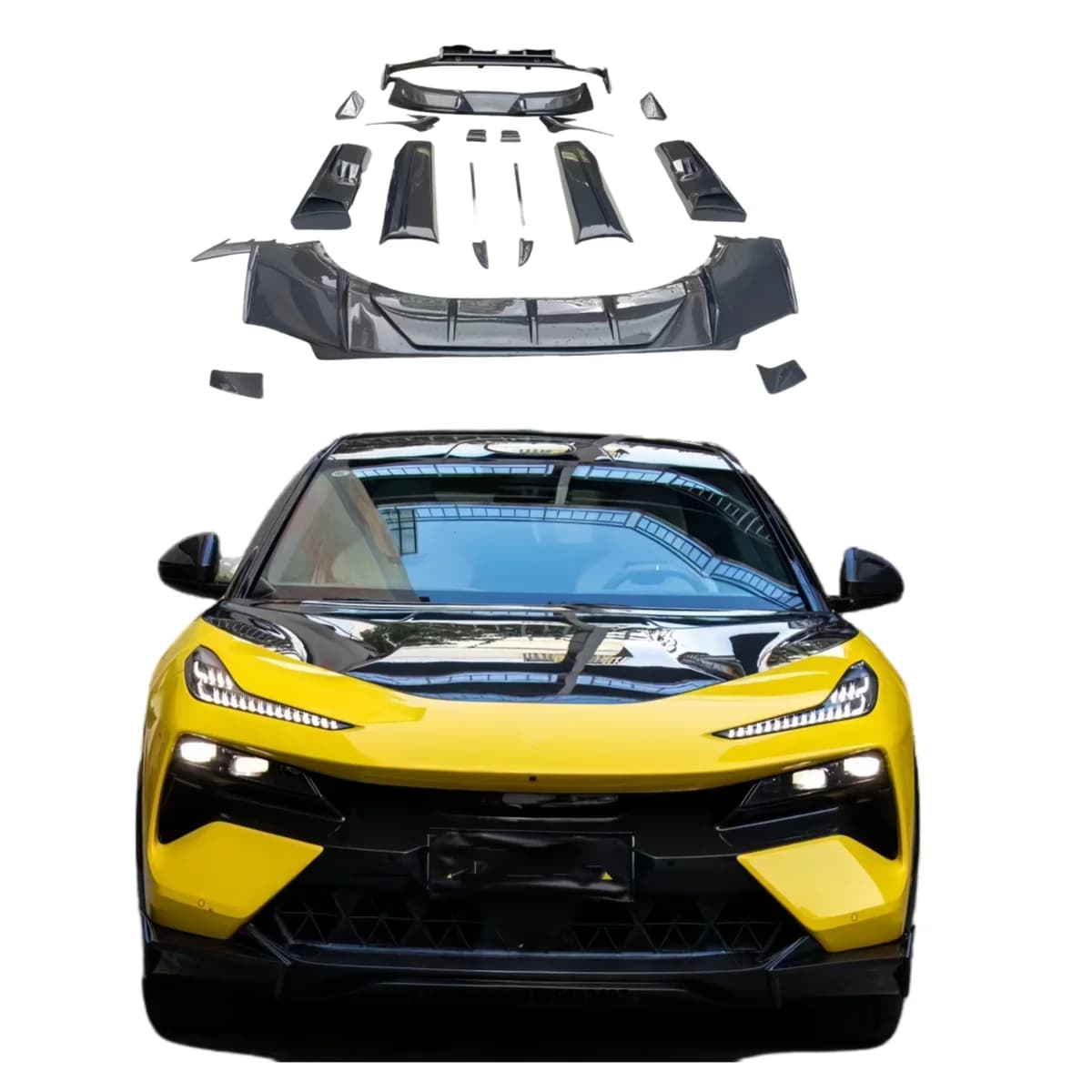 Adatto per modifica Lotus Eletre Modello Abina: Kit carrozzeria in fibra di carbonio a secco, minigonne anteriori, passaruota, prese d'aria e alettone posteriore