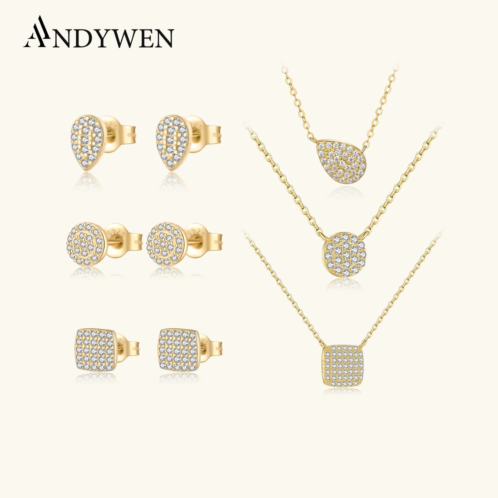 ANDYWEN argento Sterling 925 oro tondo zircone pavimenta CZ ciondolo con ciondolo collana lunga catena girocollo Set di gioielli per regalo donna