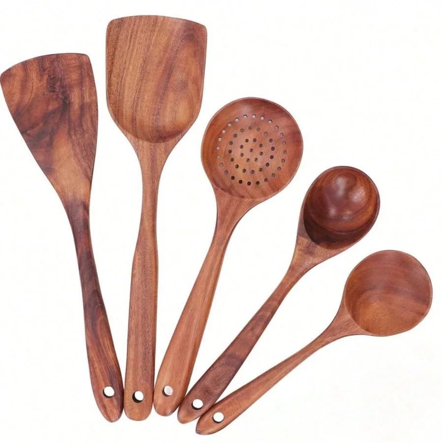 Set di 5 Utensili da Cucina in Legno Premium, Resistenti al Calore e alla Corrosione, Senza Odori, Cucchiaio, Spatola, Mestolo, Stoviglie