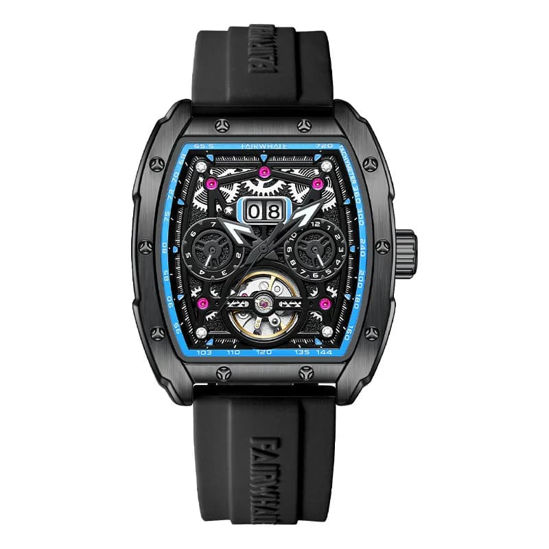Tonneau Skeleton Tourbillon Mechanical Watch Waterproof Rubber Strap Pin Buckle for Men Wristwatch